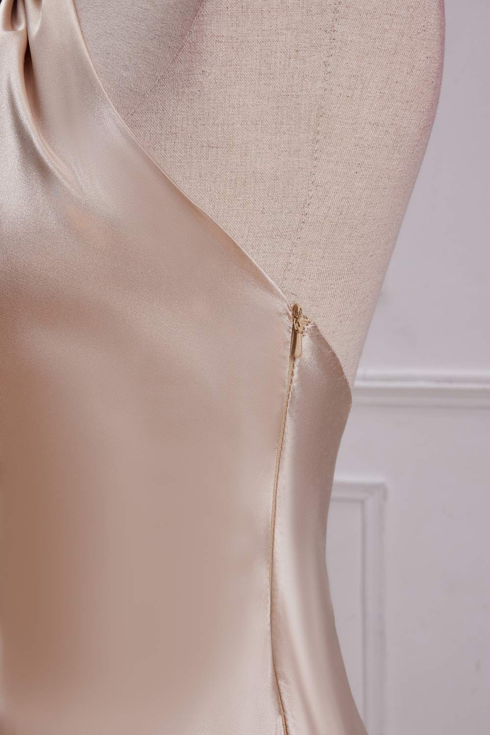 Champagne Crossed Halter Mermaid Ruffled Satin Long Bridesmaid Dress