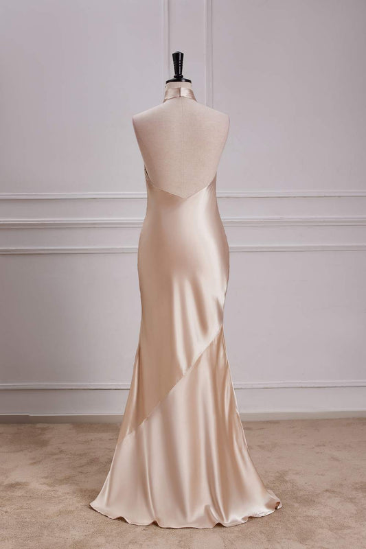 Champagne Crossed Halter Mermaid Ruffled Satin Long Bridesmaid Dress