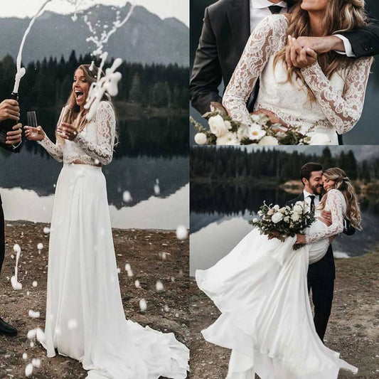 Long Sleeve Lace Top Wedding Dresses,Affordable Two Piece Bridal Dress with Chiffon Skirt