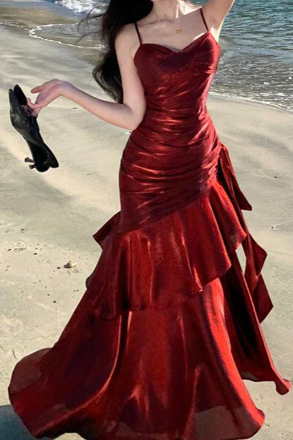 Spaghetti Straps Sleeveless Ruffle Long Formal Prom Dress Elegant Evening Party Dresses
