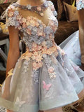 Chic 3D Floral Short-sleeve Design Tulle A-line Mini Homecoming Dress TP3607