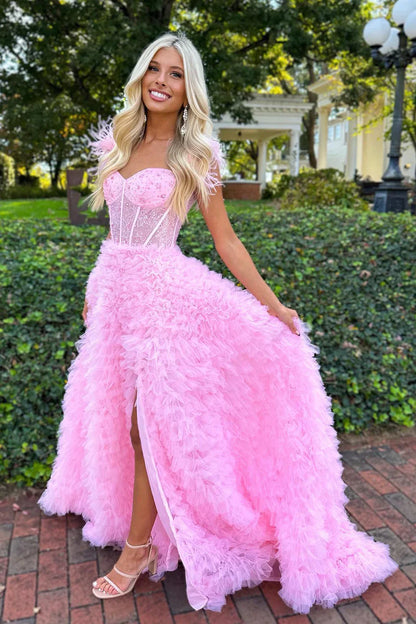 Sweetheart Straps Tulle A-Line Ruffle Party Prom Dress With Slit