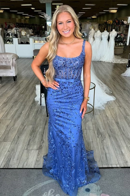 Chic Bateau Backless Empire Appliques Mermaid Party Prom Dress