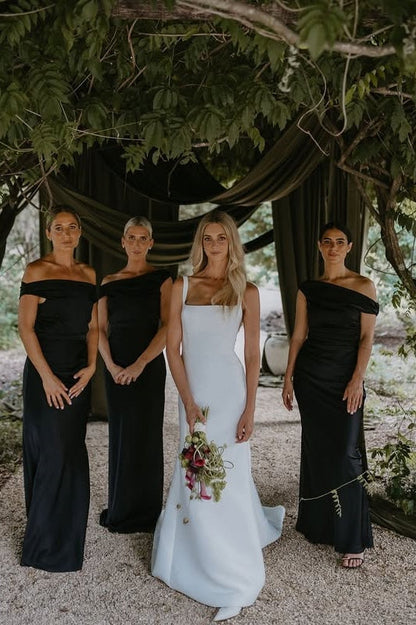 Chic Black Satin Fitted Off-Shoulder Sleeveless Bridesmaid Dress