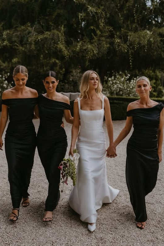 Chic Black Satin Fitted Off-Shoulder Sleeveless Bridesmaid Dress