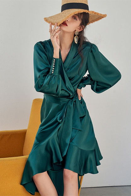 Chic Green Wrap Dress with Long Sleeves