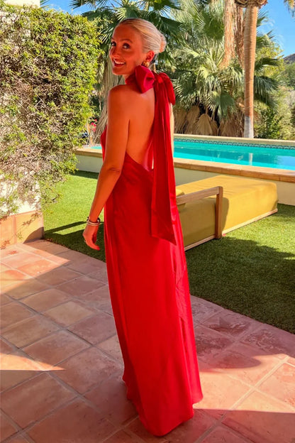 Chic High Neck Backless Satin Long Bridesmaid Dress