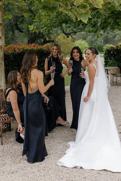 Chic High Neck Sleeveless Black Long Bridesmaid Dress