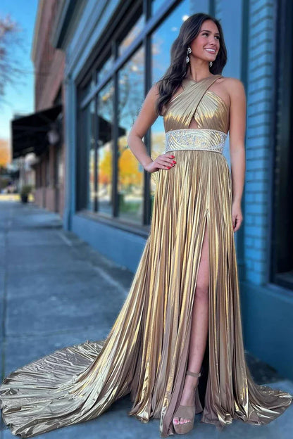 Chic Satin A-Line Halter Empire With Train Prom Dress