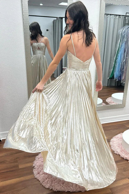 Satin A-Line Halter Pleated Long Party Prom Dress With Leg Slit