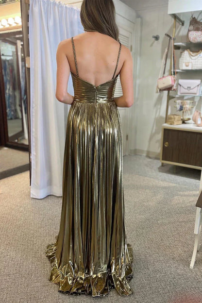Satin A-Line Halter Pleated Long Party Prom Dress With Leg Slit