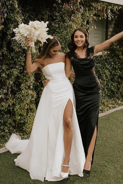 Chic Satin A-Line Strapless Empire Wedding Dress With Train