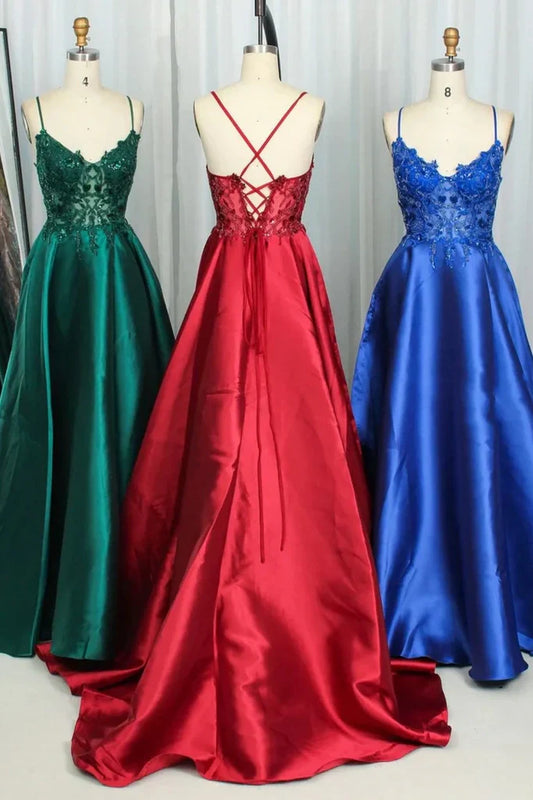 Chic Satin A-Line V-Neck Sleeveless Appliques Party Prom Dress