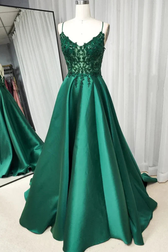 Chic Satin A-Line V-Neck Sleeveless Appliques Party Prom Dress