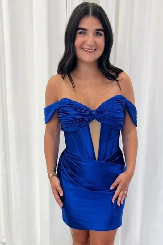 Chic Satin Fitted Off-Shoulder Empire Ruched Homecoming Dress