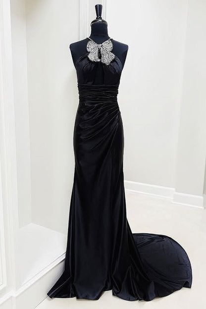 Chic Satin Mermaid Sleeveless Beaded Party Prom Dress
