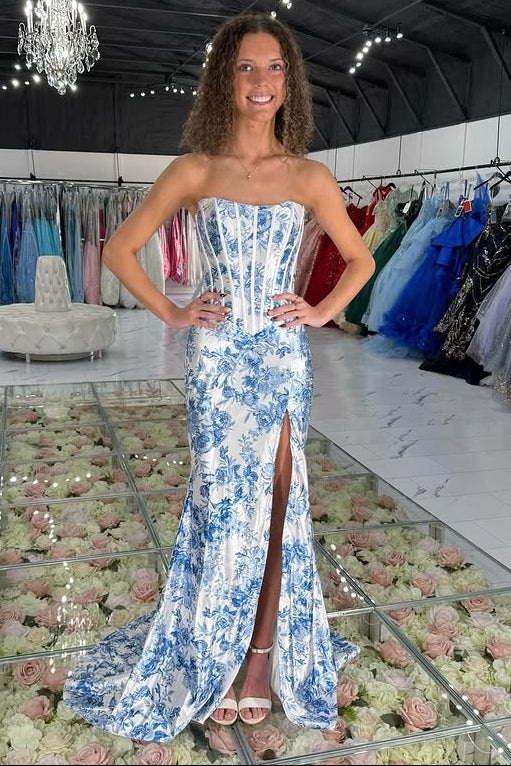 Chic Satin Mermaid Strapless Floral Appliques Split Party Prom Dress