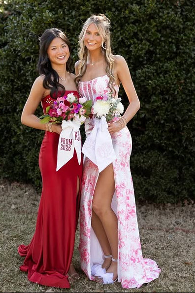 Chic Satin Mermaid Strapless Floral Appliques Split Party Prom Dress