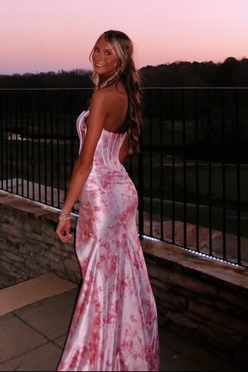 Chic Satin Mermaid Strapless Floral Appliques Split Party Prom Dress