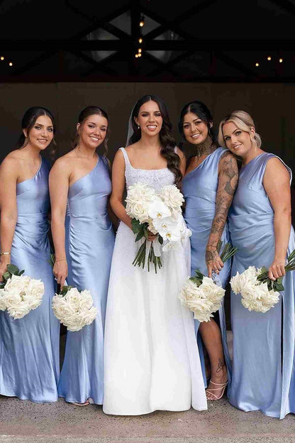 Chic Satin One Shoulder Sleeveless Empire Long Bridesmaid Dress