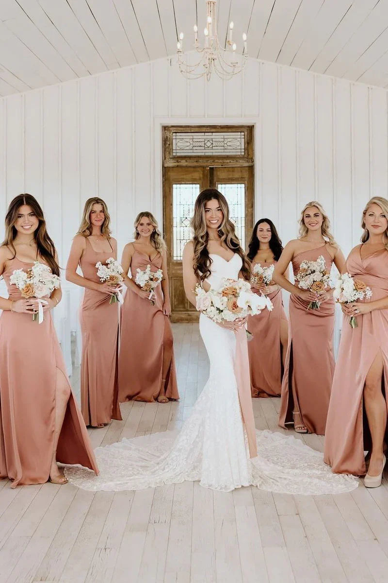 Chic Satin Sleeveless Long Bridesmaid Dress With Slit