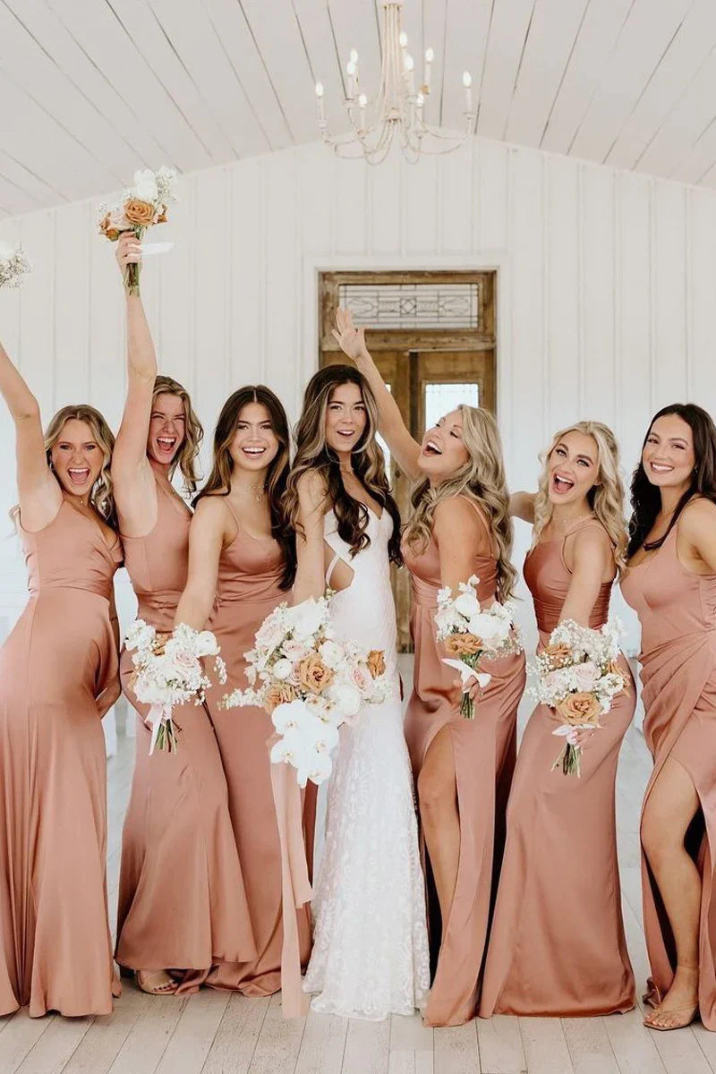 Chic Satin Sleeveless Long Bridesmaid Dress With Slit