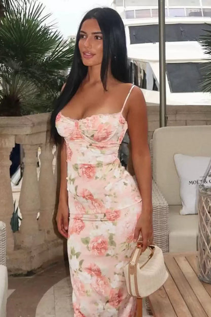 Chic Satin Spaghetti Straps Floral Party Prom Dress