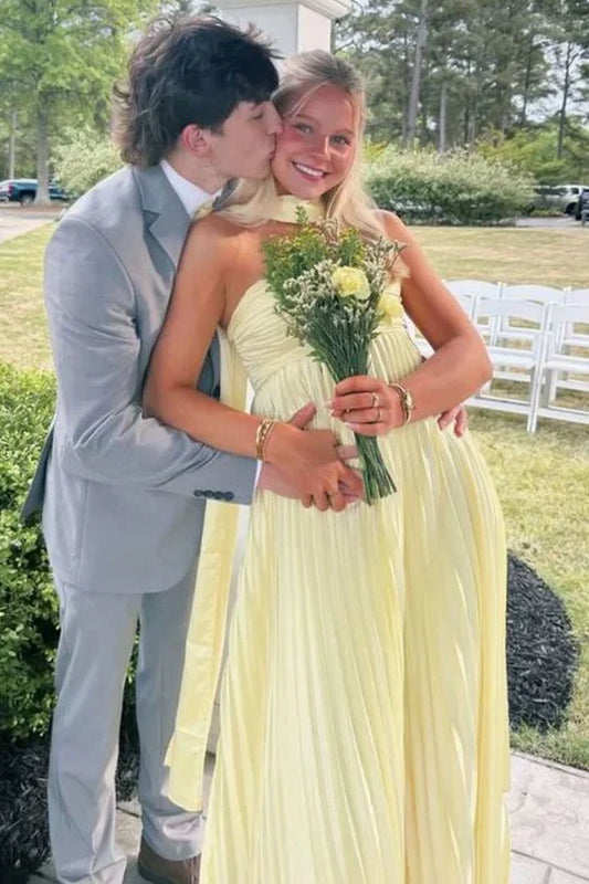 Strapless Pleated Satin Maxi Prom Dress A-Line Evening Gown with Scarf