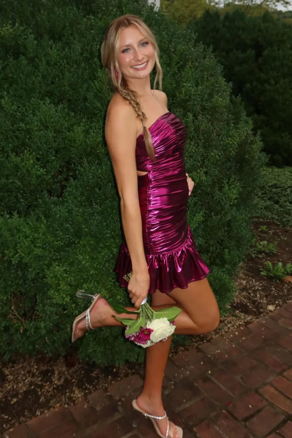 Chic Satin Strapless Pleated Mini Ruffle Homecoming Dress