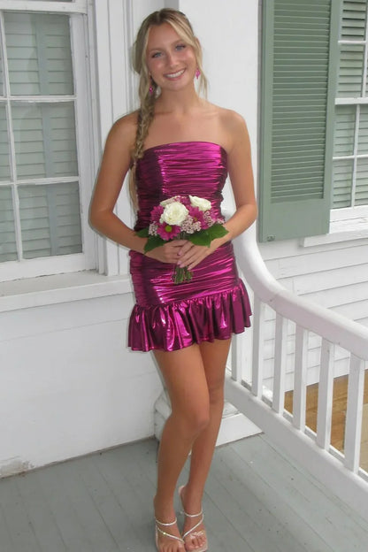 Chic Satin Strapless Pleated Mini Ruffle Homecoming Dress