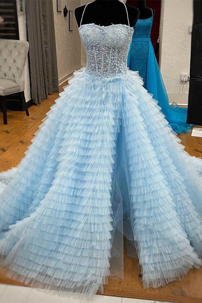 Chic Spaghetti Straps Tiered Tulle Empire A-Line Prom Dress