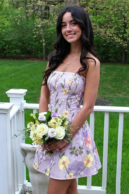 Chic Strapless A-Line Floral Appliques Mini Party Homecoming Dress