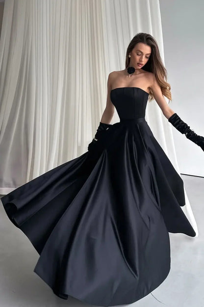 Chic Strapless High Waist Black Satin Party Prom Dress With Leg Slit