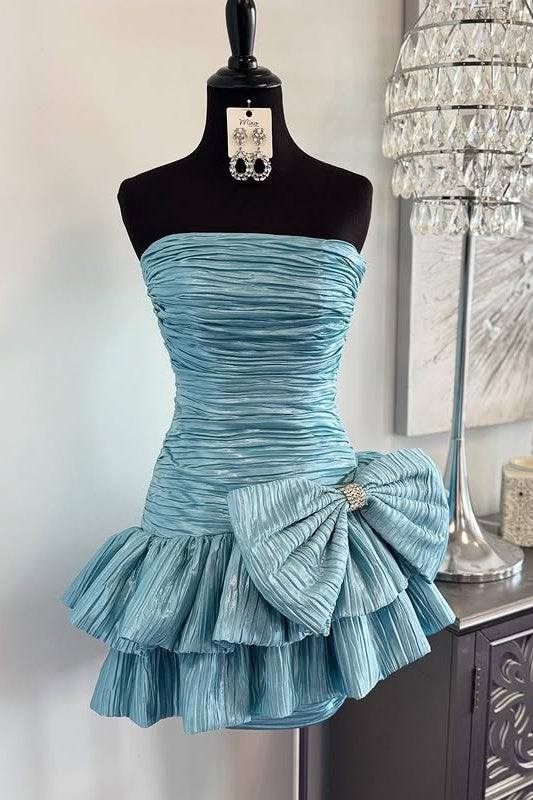 Chic Strapless Pleated Satin Homecoming Dress With Bow