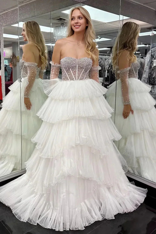 Chic Sweetheart Empire Prarls Tiered Tulle A-Line Party Prom Dress