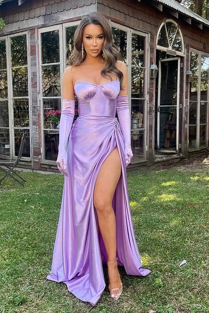 Chic Sweetheart Strapless Satin A-Line Party Prom Dress With Slit