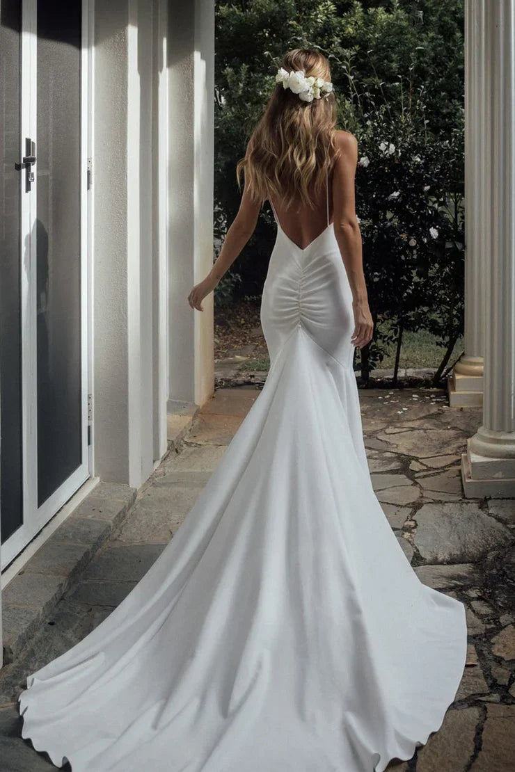 Chic V-Neck Backless Mermaid Satin Summer Wedding Dress