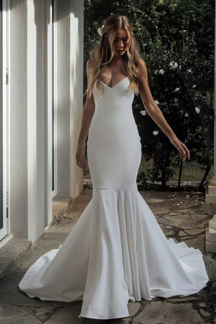 Chic V-Neck Backless Mermaid Satin Summer Wedding Dress