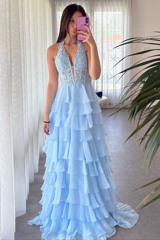 Chic V-Neck Halter Empire A-Line Tiered Party Prom Dress