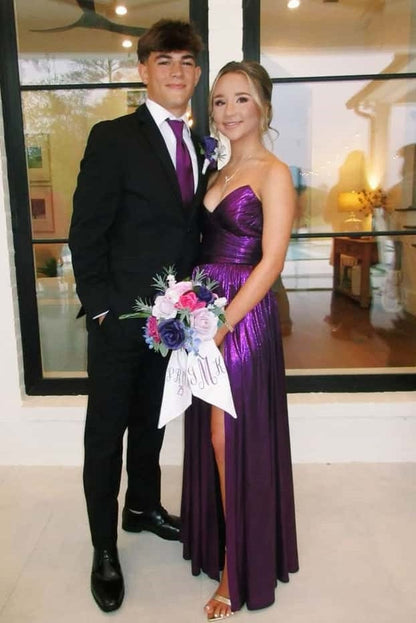 Chic V-Neck Strapless Pleated Satin Party Prom Dress With Slit