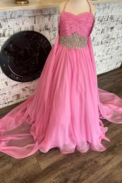 Chiffon A-Line Beaded Girl Pageant Dress With Train