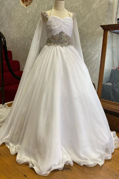 Chiffon A-Line Beaded Girl Pageant Dress With Train