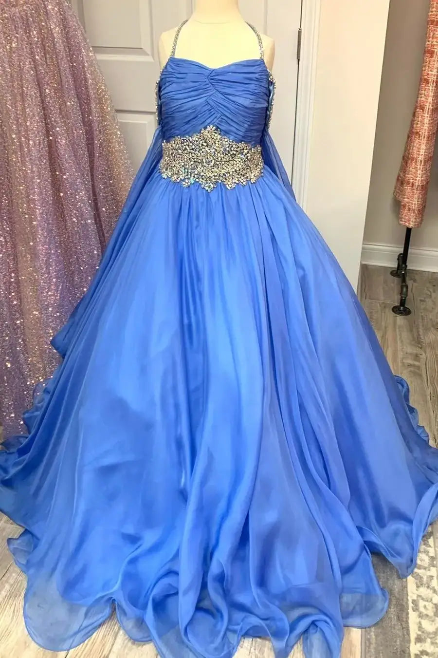 Chiffon A-Line Beaded Girl Pageant Dress With Train