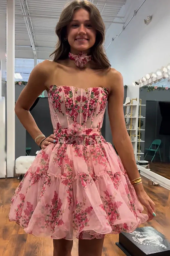 Chiffon A-Line Empire Strapless Floral Appliques Homecoming Dress