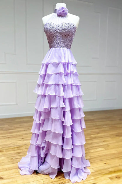 Chiffon A-Line High Neck Sleeveless Tiered Appliques Prom Dress