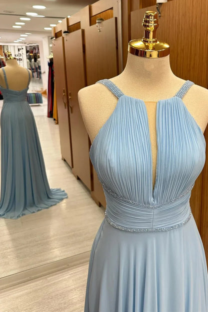 Chiffon A-Line Pleated Empire Sleeveless Long Party Prom Dress