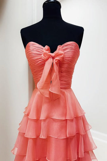 Chiffon Sweetheart Strapless A-Line Tiered Long Party Prom Dress