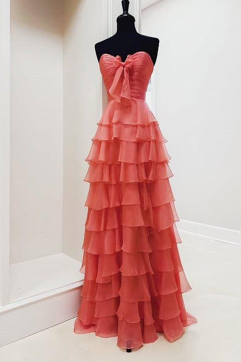 Chiffon Sweetheart Strapless A-Line Tiered Long Party Prom Dress