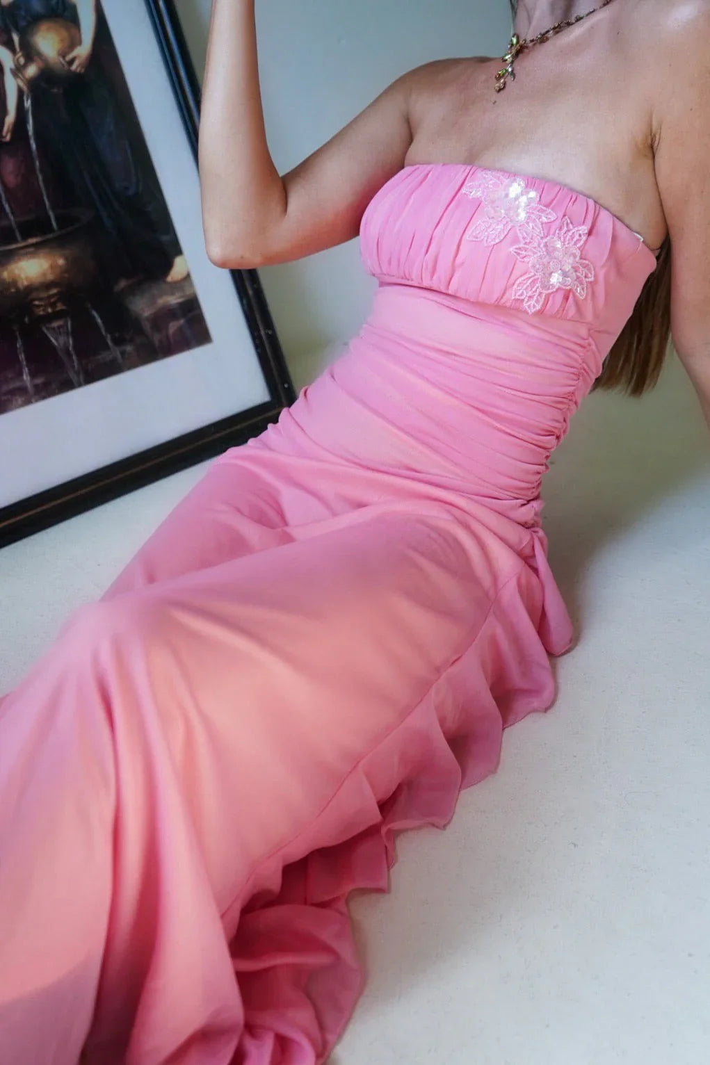Chiffon A-Line Strapless Empire Floral Appliques Ruffle Party Prom Dress