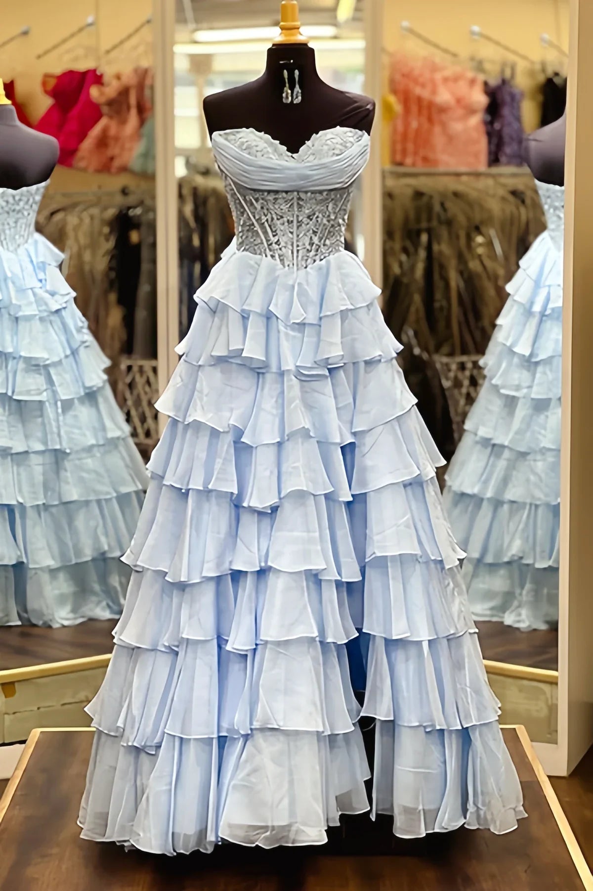 Chiffon A-Line Strapless Empire Tiered Party Prom Dress With Slit